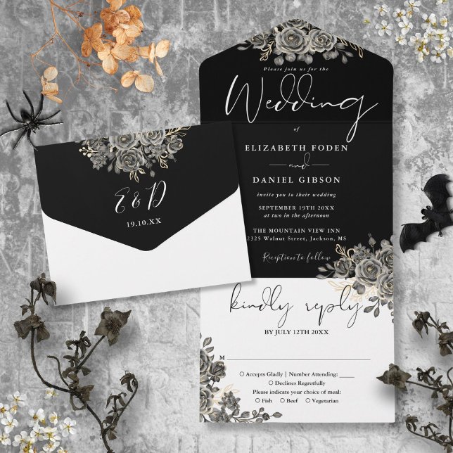 Rosas Góticas Convite de Casamento Preto e Branco  (Gothic Roses Floral Black And White Wedding All In One Invitation)