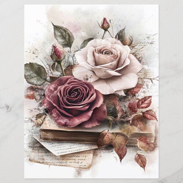 Rosas grená e rosa com recortes de livros  (Verso)