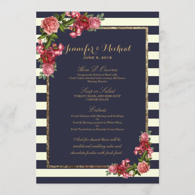 Rosas Marinhos e Menu de Casamento Dourado (Frente)