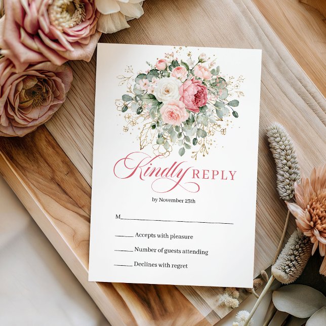 Rosas Mínimas Bege Verde Dourado RSVP de Casamento (Minimal Blush Roses Greenery Gold Wedding RSVP Card)