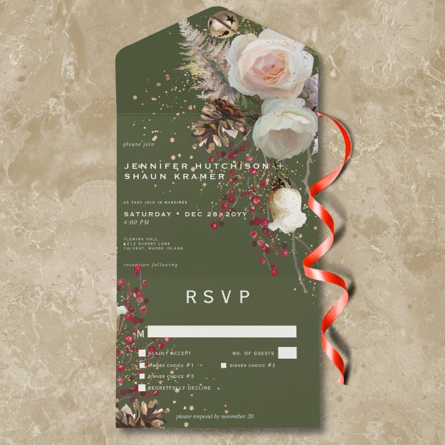 Rosas Modernos de inverno e Janto Verde de Berries (Modern Winter Roses & Red Berries Green Dinner All In One Invitation)