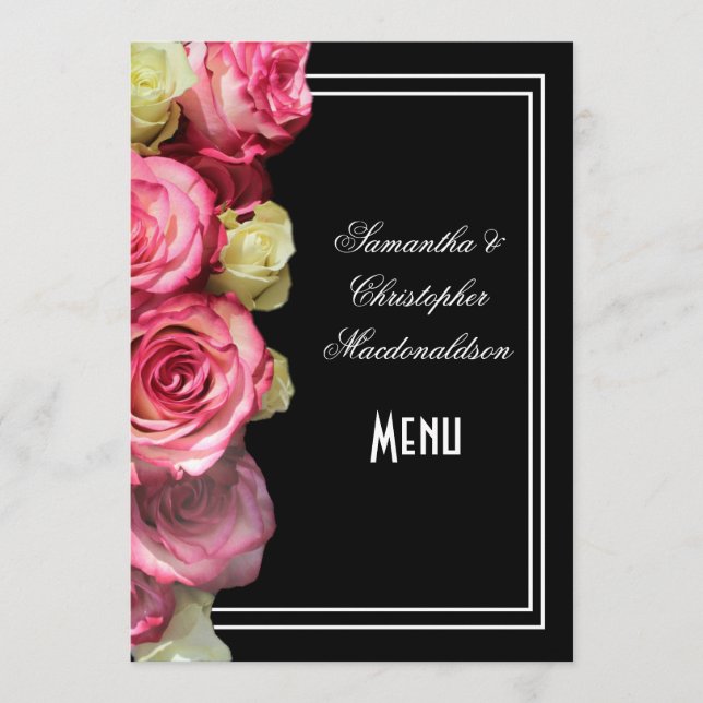 Rosas no menu de casamento floral preto (Frente)