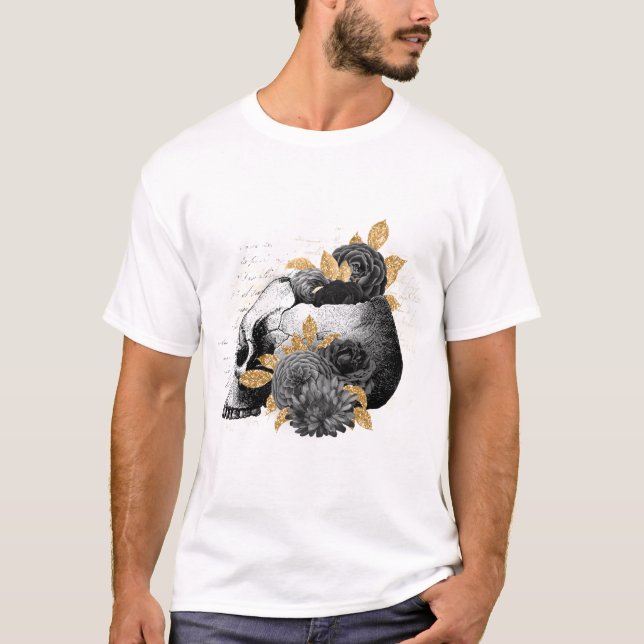 Rosas pretas com T-Shirt gótico do crânio (Frente)