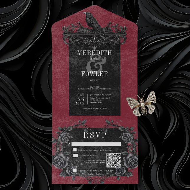 Rosas Pretas Góticas, Raven e Vinho Preto, Código  (Gothic Black Raven & Black Roses All In One Wedding Invitation with QR Code)