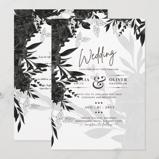 ROSAS Pretos  Elegante Convite de casamento Branco (Frente/Verso)