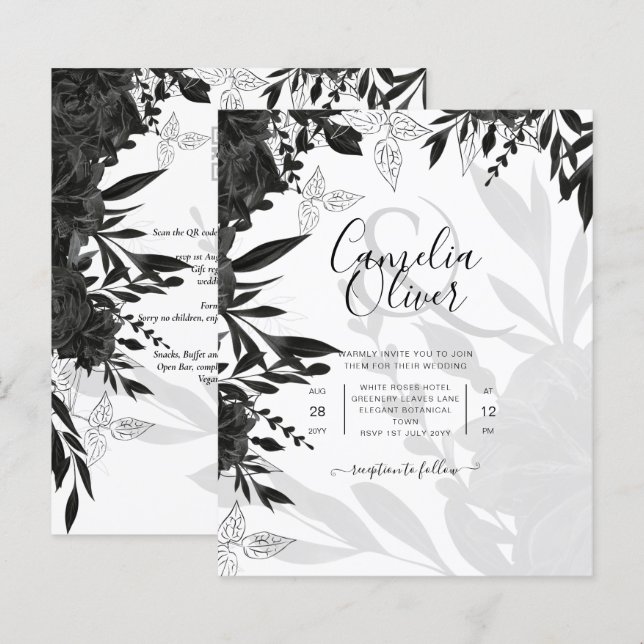ROSAS Pretos  Elegante Convite de casamento Branco (Frente/Verso)