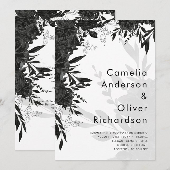 ROSAS Pretos  Elegante Convite de casamento Branco (Frente/Verso)