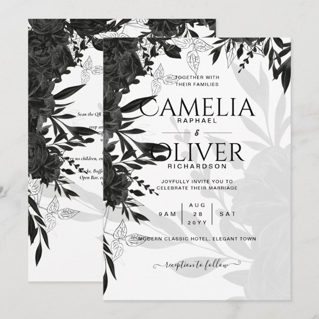 ROSAS Pretos  Elegante Convite de casamento Branco (Frente/Verso)