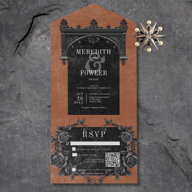Rosas Pretos Góticos Arch e Pretos Código QR de Fe (Gothic Black Arch & Black Roses Rust QR Code All In One Invitation)