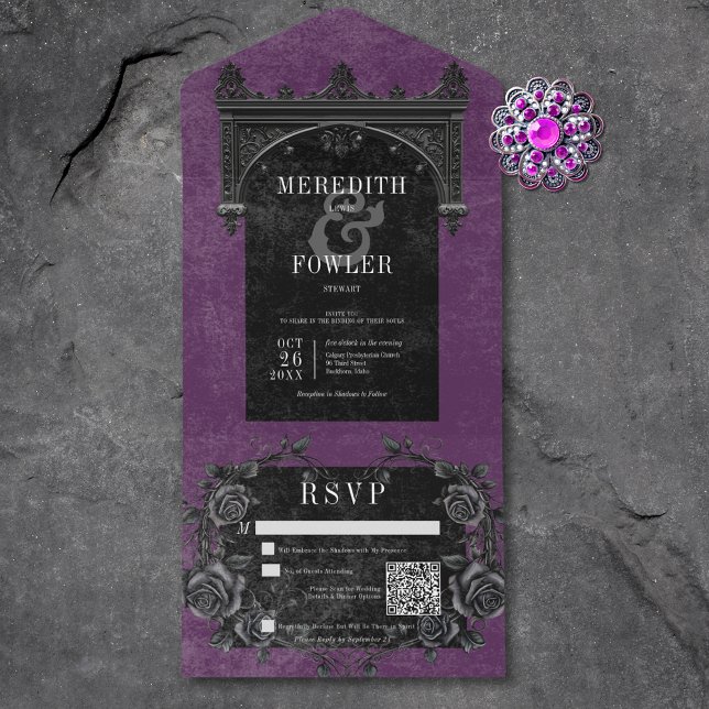 Rosas Pretos Góticos e Pretos Código QR Roxo (Gothic Black Arch & Black Roses Purple QR Code All In One Invitation)