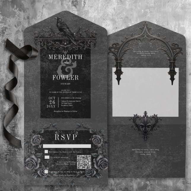 Rosas Pretos Góticos Raven e Pretos Código QR (Gothic Black Raven & Black Roses QR Code All In One Invitation with QR Code)