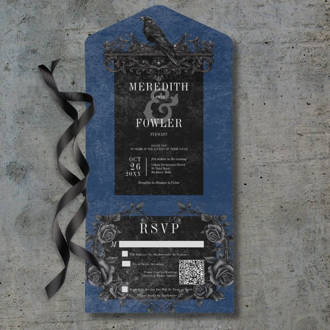 Rosas Pretos Góticos Raven e Pretos Código QR Azul (Gothic Black Raven & Black Roses Blue QR Code All In One Invitation)