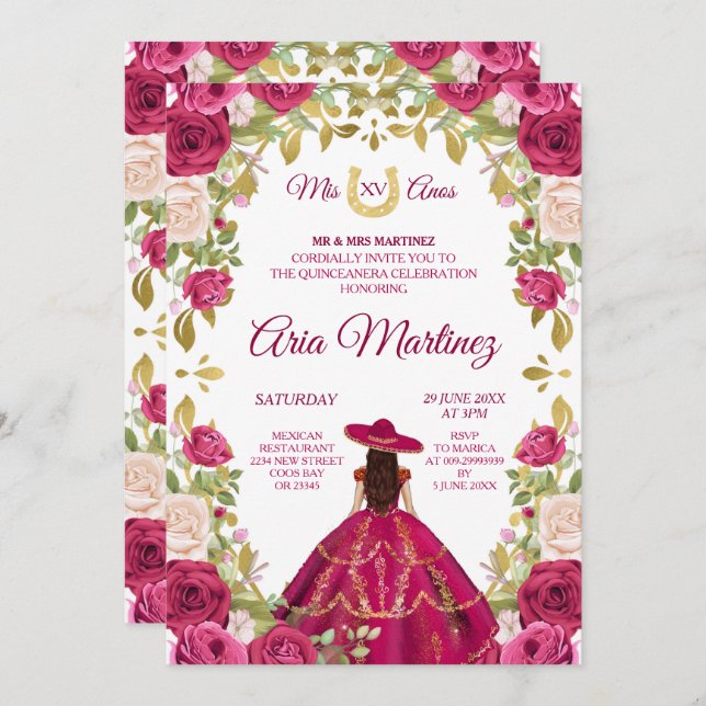 Rosas Rosa, 15 de Rapariga Mexicana Convite de Ani (Frente/Verso)