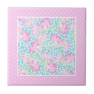 Rosas rosa Borboletas brancas Polkas Azulejo cerâm