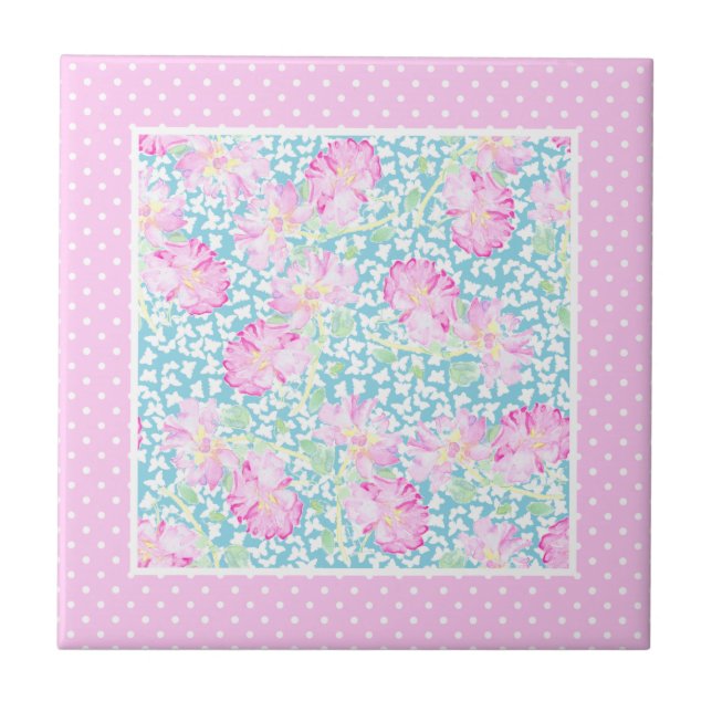 Rosas rosa Borboletas brancas Polkas Azulejo cerâm (Frente)