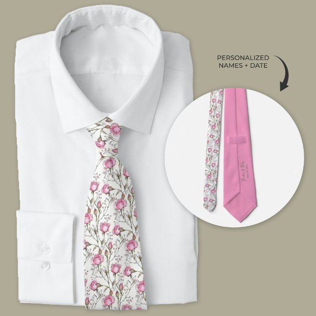 Rosas Rosa com Bebês Respirando Gravata (Wedding necktie for groom and groomsmen. White tie with cute pink roses and babies breath.)
