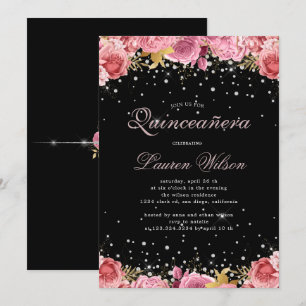 rosas rosa diamante elegante Quinceanera Convite