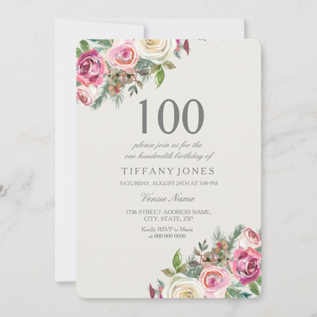 Rosas Rosa e Brancas Floral 100º Convite de Aniver (Frente)