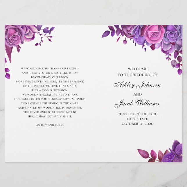 Rosas rosa e roxo. Programa de casamento dobrado (Frente)