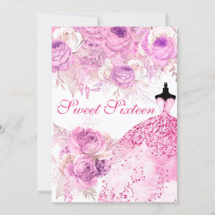 Rosas Rosa e Roxo Vestidos Doce 16 Convite