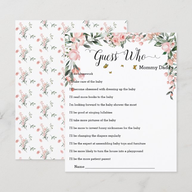 Rosas rosa elegantes com borboletas adivinham quem (Frente/Verso)