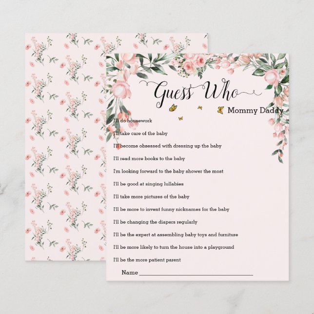 Rosas rosa elegantes com borboletas adivinham quem (Frente/Verso)