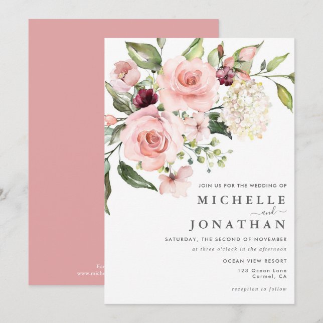 Rosas Rosa Românticas, Dusty Rosa, Convite para Ca (Frente/Verso)