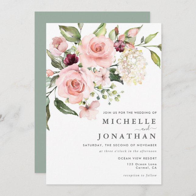 Rosas Rosa Românticas, Dusty Rosa, Convite para Ca (Frente/Verso)