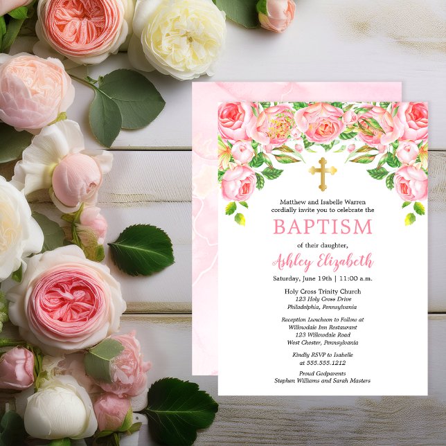 Rosas Rosa Watercolor Batismo Floral Convite (Elegant Pink Roses Gold Tone Trinity Cross Watercolor Girl Baptism Invitation - Print | Digital )