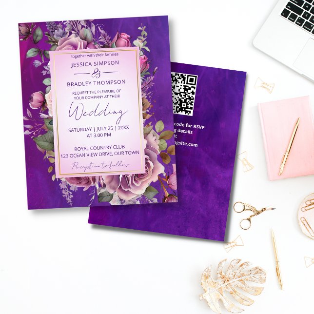 Rosas rosas rosa púrpura, convite de casamento ele (Purple pink vintage roses all in one budget wedding invitation template affordable quality invites)