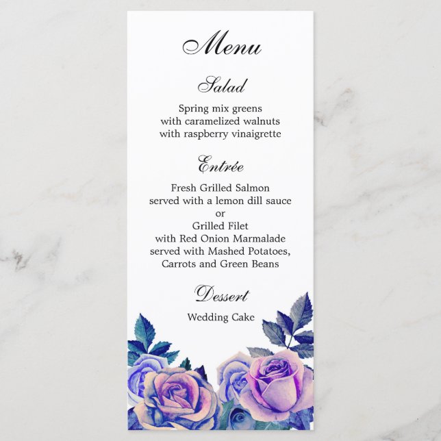Rosas roxas menu de jantar de casamento menu flora (Frente)