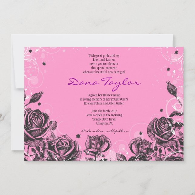 Rosas Roxos Elegantes Convite para Nomeação de Beb (Frente)