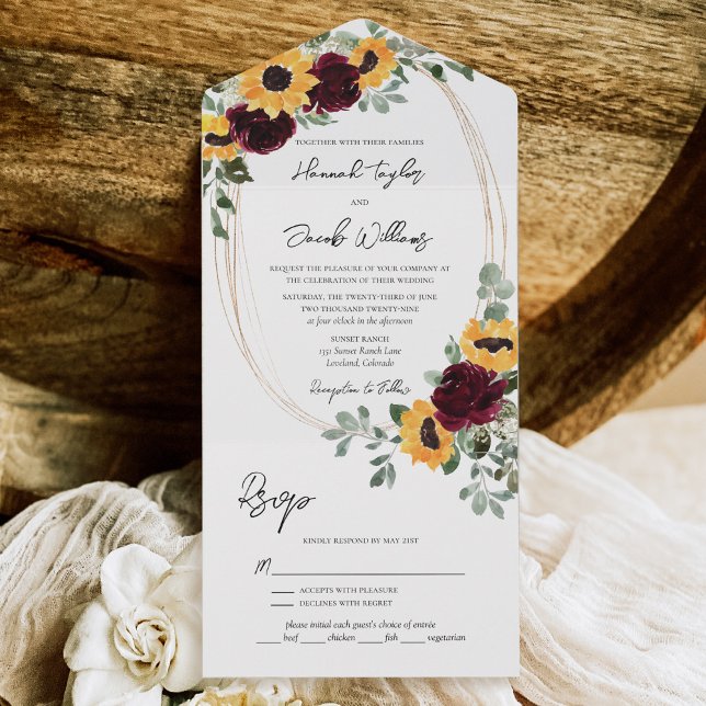 Rosas Rustic Sunflower Burgundy com Casamento RSVP (Criador carregado)
