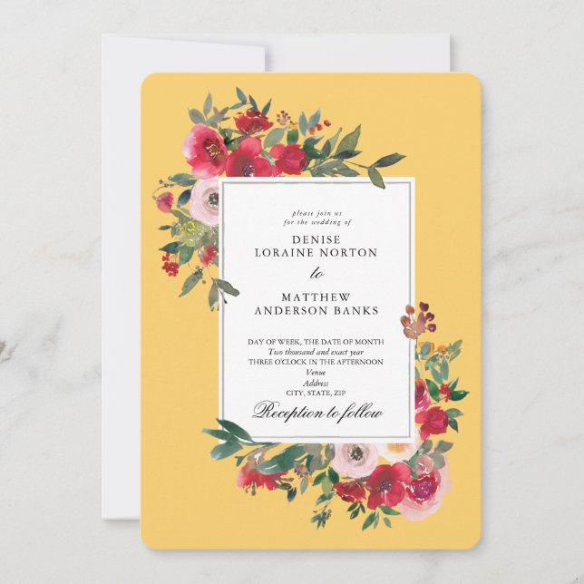 Rosas selvagens e Convite para Casamento Amarelo d (Frente)