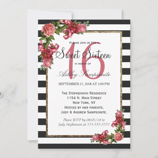Rosas Stripes e Dourados Sweet 16 Convites (Frente)
