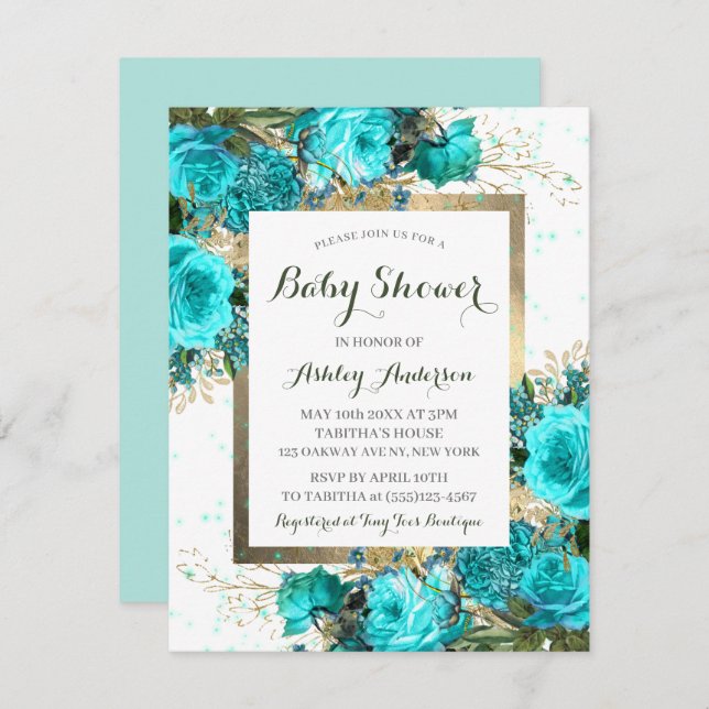 Rosas Teais Convite Para Chá de fraldas Floral (Frente/Verso)