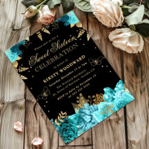 Rosas Teais e Dourados Floral Sweet 16 Convite