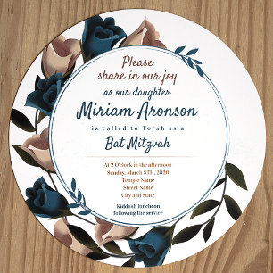 Rosas Teal Beige, Convite Circular Mitzvah