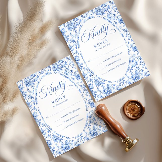 Rosas Toile Azul Profundo Moderno RSVP de Casament (Modern Deep Blue Toile Roses Custom Wedding RSVP

)