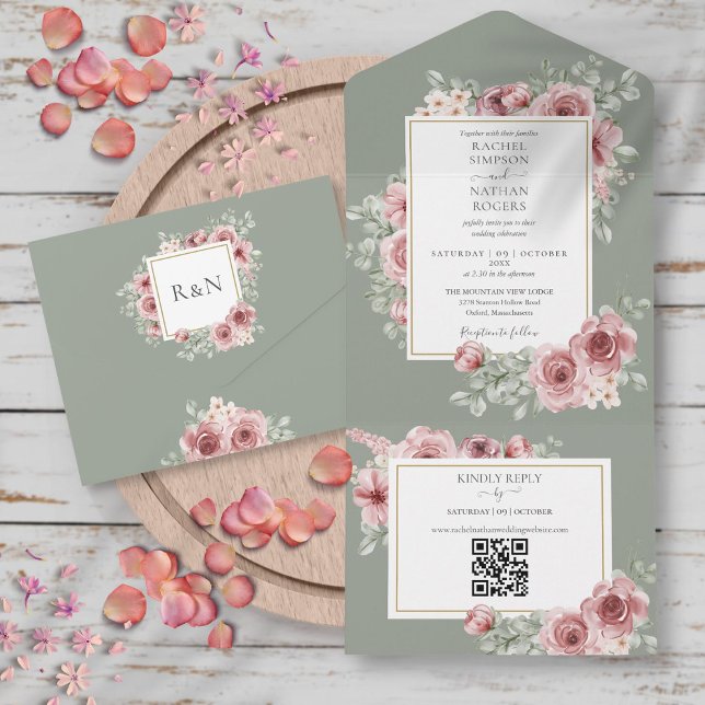 Rosas Verde Salvia Código QR Floral Casamento (Sage Green Roses Floral QR Code Wedding All In One Invitation)