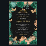 Rosas verdes orçamentais Borboletas Douradas Doce<br><div class="desc">Rosas Verdes Elegante De Orçamento Emerald Borboletas Douradas Negras Doce Doce 16 Aniversário Convite</div>