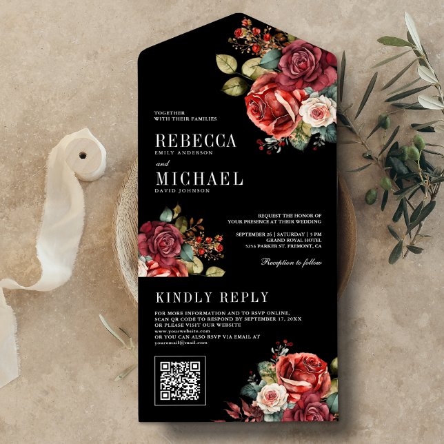 Rosas Vermelhas Borgonha Código QR Floral Preto Ca (Criador carregado)