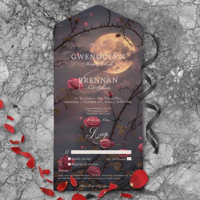 Rosas vermelhas de Lua Cheia Gótica Escura e Sangu (Dark Gothic Full Moon & Blood Red Roses No Dinner All In One Invitation)
