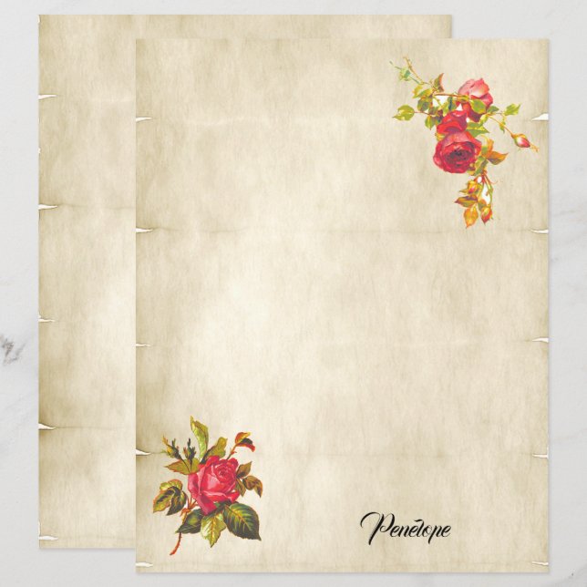 Rosas vermelhas de vindima em apergamento e papel  (Frente/Verso)