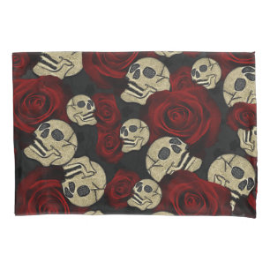 Rosas vermelhas e crânios Cinza Preto