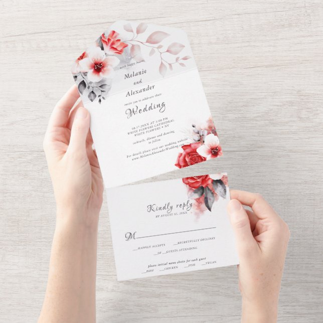 Rosas vermelhas e flores brancas casamento moderno (Aba destacável)