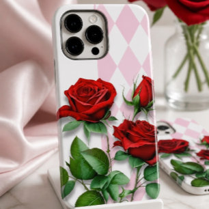 Rosas Vermelhas e Padrão de Diamante Rosa e Branco