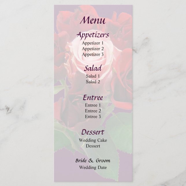 Rosas vermelhas e um Menu de Casamento Rosa Rosa R (Frente)