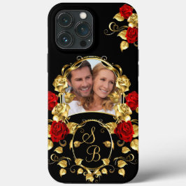 Rosas Vermelhas Elegantes Dourado Preto Monograma 