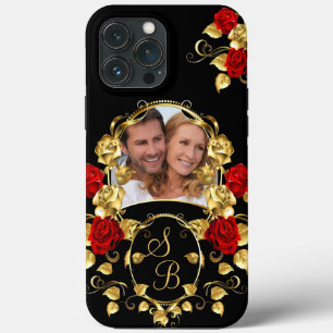 Rosas Vermelhas Elegantes Dourado Preto Monograma